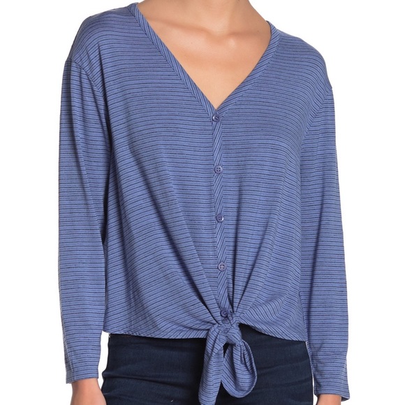Everleigh Blue Stripe Front Button Tie front Tee - Picture 1 of 4